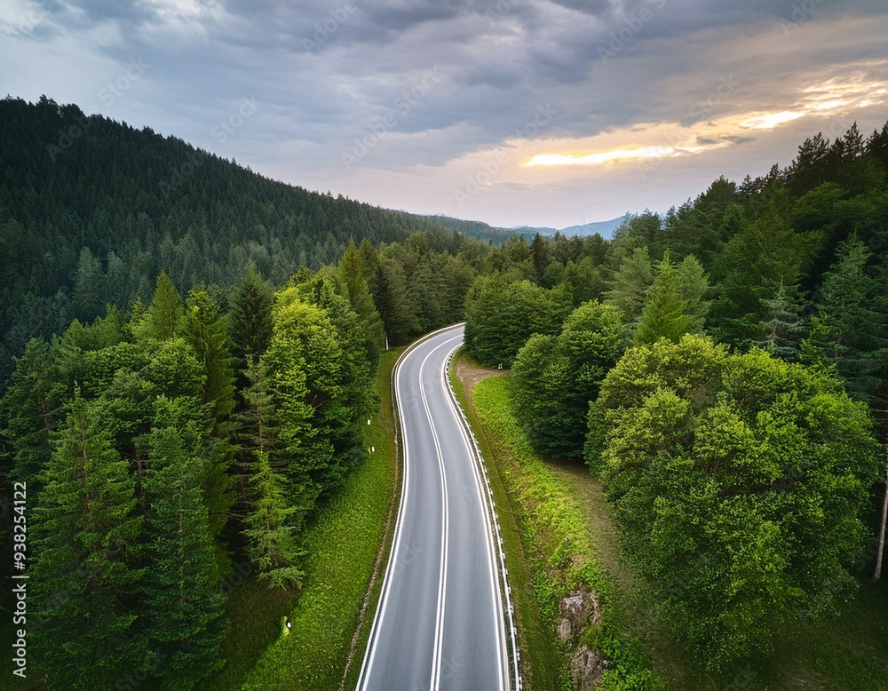 Fototapeta premium Top view from drone of road in woods. Beautiful landscape with roadway in hills