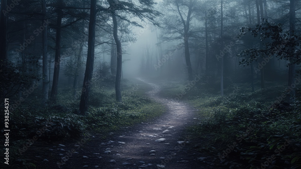 Obraz premium A winding, mystical trail through a dense, foggy forest with soft, ambient light creating an otherworldly effect.