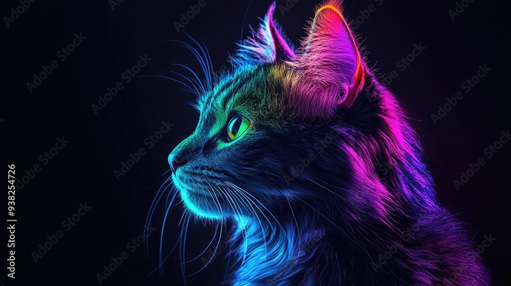 A majestic cat with vibrant, colorful lighting creates a stunning contrast against a dark backdrop, showcasing its regal features. A majestic cat with vibrant, colorful lighting creates a stunning contrast against a dark backdrop, showcasing its regal features.