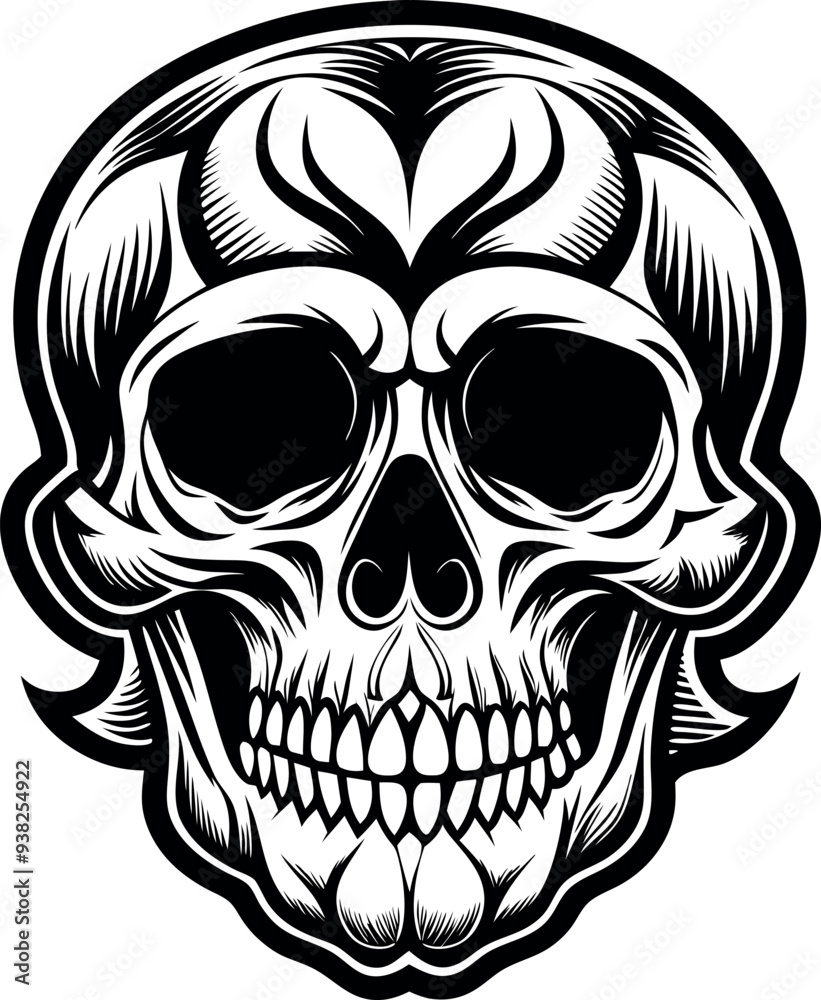 Obraz premium A black and white drawing of a skull with a black outline