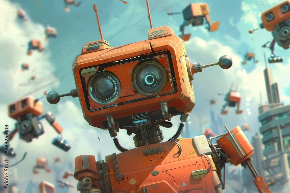 Fototapeta premium robot with orange eyes standing in front of group of flying objects, futuristic robot with goofy expression on its face, surrounded by flying gadgets