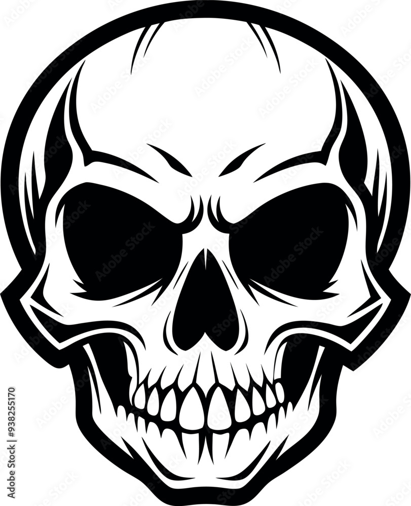 A black and white drawing of a skull with a black outline