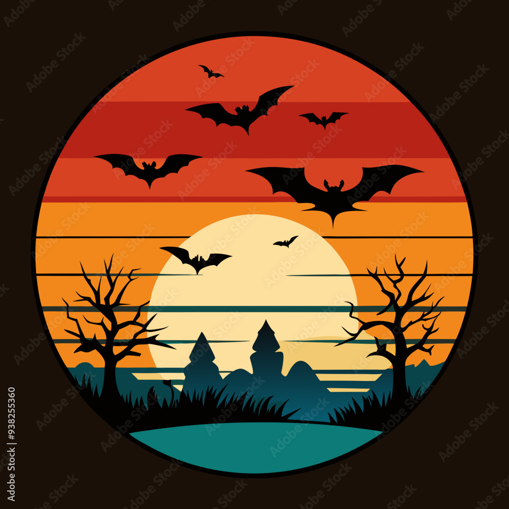 Fototapeta premium Halloween Sunset with Bats and Moon T-Shirt Design