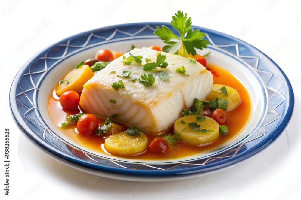 A plate of baked cod with tomatoes, zucchini, and a parsley garnish. The fish is cooked to perfection and the vegetables are tender and flavorful. A plate of baked cod with tomatoes, zucchini, and a parsley garnish. The fish is cooked to perfection and the vegetables are tender and flavorful.