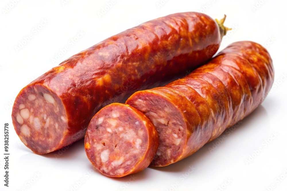 Botillo del Bierzo (Smoked Pork Sausage) - A close-up shot of sliced salami sausage on a white background. The image captures the rich red color of the meat, the crispy casing, and the succulent textu Botillo del Bierzo (Smoked Pork Sausage) - A close-up shot of sliced salami sausage on a white background. The image captures the rich red color of the meat, the crispy casing, and the succulent textu