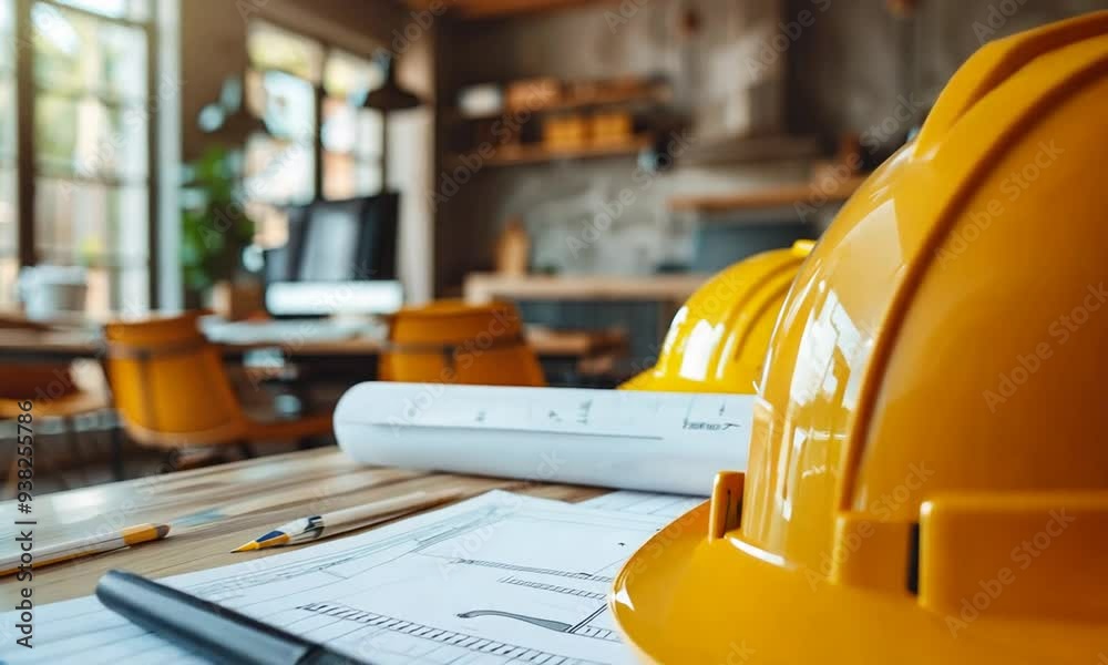 Yellow hard hat on a wooden table with blueprints, a pen, and a house model Yellow hard hat on a wooden table with blueprints, a pen, and a house model