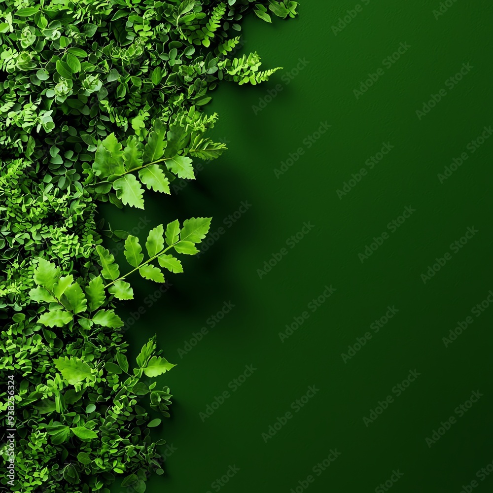 Fototapeta premium Green leaves border on a green background, copy space.