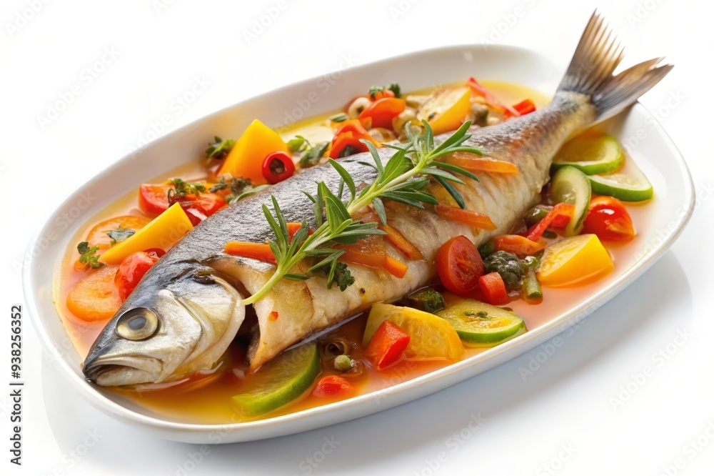 A whole sea bass baked to perfection, nestled in a bed of colorful vegetables and garnished with fresh rosemary. This image symbolizes culinary excellence, healthy eating, Mediterranean flavors, and t A whole sea bass baked to perfection, nestled in a bed of colorful vegetables and garnished with fresh rosemary. This image symbolizes culinary excellence, healthy eating, Mediterranean flavors, and t