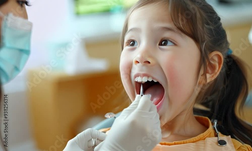 Young girl with open mouth looking at dentist holding dental tools.
