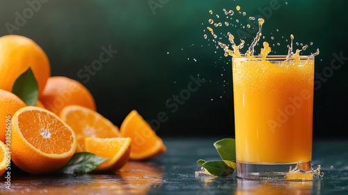 Freshly squeezed orange juice in a glass with whole and sliced oranges on a dark background, showcasing vibrant citrus splashes. photo