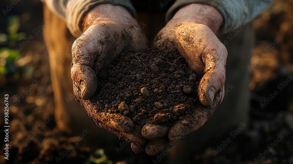 closeup of weathered farmers hands cradling rich dark soil intricate textures of earth and skin sunlight filtering through fingers symbolizing connection to nature closeup of weathered farmers hands cradling rich dark soil intricate textures of earth and skin sunlight filtering through fingers symbolizing connection to nature