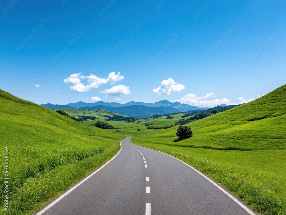 Naklejka premium A peaceful road winding through lush green hills under a clear blue sky, perfect for travel and nature enthusiasts.