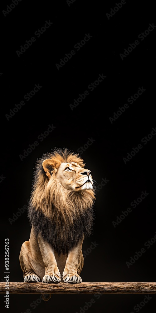 Fototapeta premium Close-up portrait of a majestic lion looking upwards against a black background.