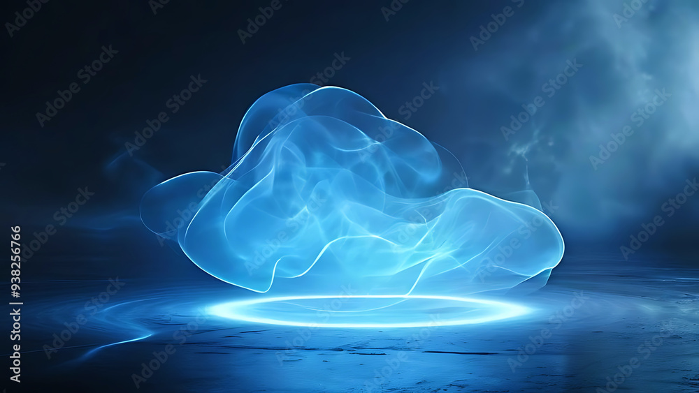 Magic blue smoke, mystical smoke effect, futuristic smoke. Neon blue color geometric circle abstract energy swirl visuals, isolated on black background