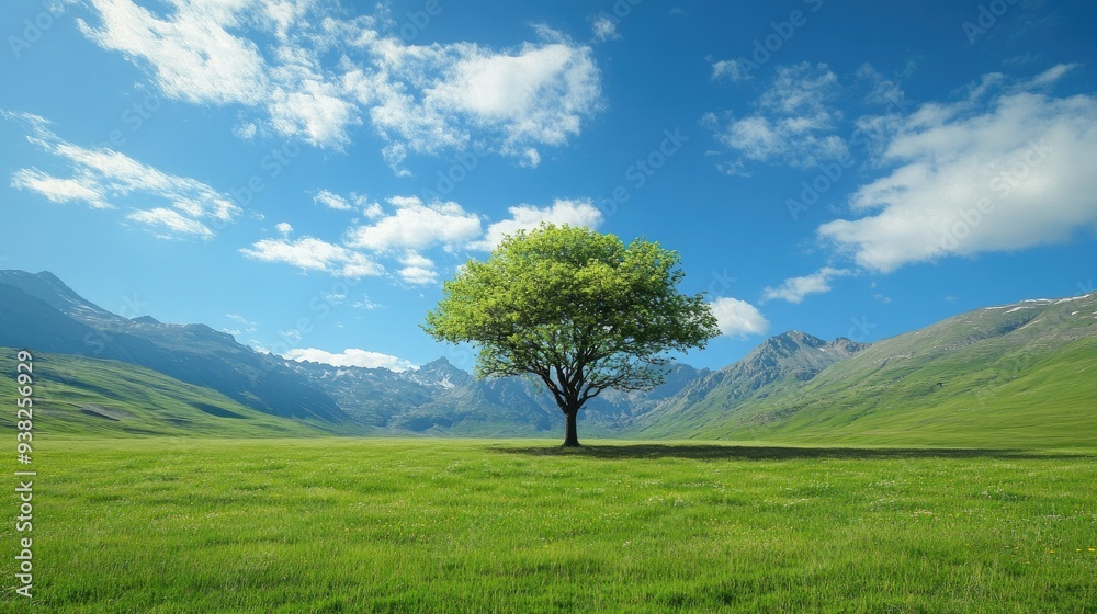 A solitary tree stands majestically in a vibrant green meadow, surrounded by stunning mountain landscapes under a bright blue sky. A solitary tree stands majestically in a vibrant green meadow, surrounded by stunning mountain landscapes under a bright blue sky.