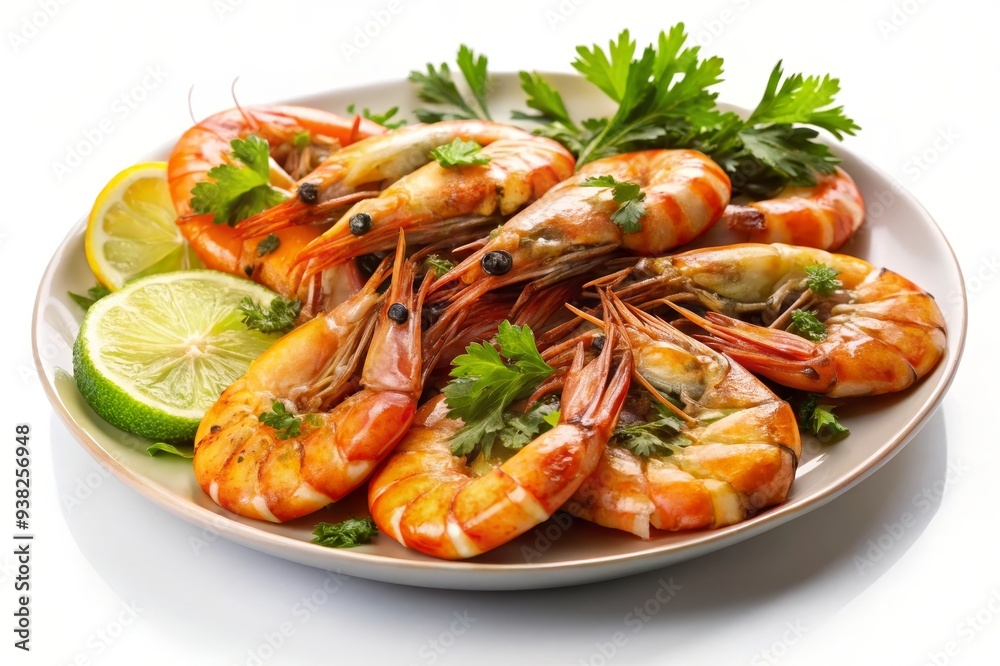 A plate of grilled shrimp, garnished with fresh parsley and lemon wedges. The shrimp are cooked to perfection, with a juicy and flavorful interior. A plate of grilled shrimp, garnished with fresh parsley and lemon wedges. The shrimp are cooked to perfection, with a juicy and flavorful interior.