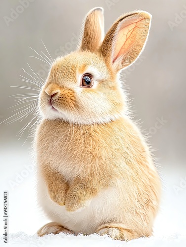 Cute fluffy bunny rabbit sitting on white snow.