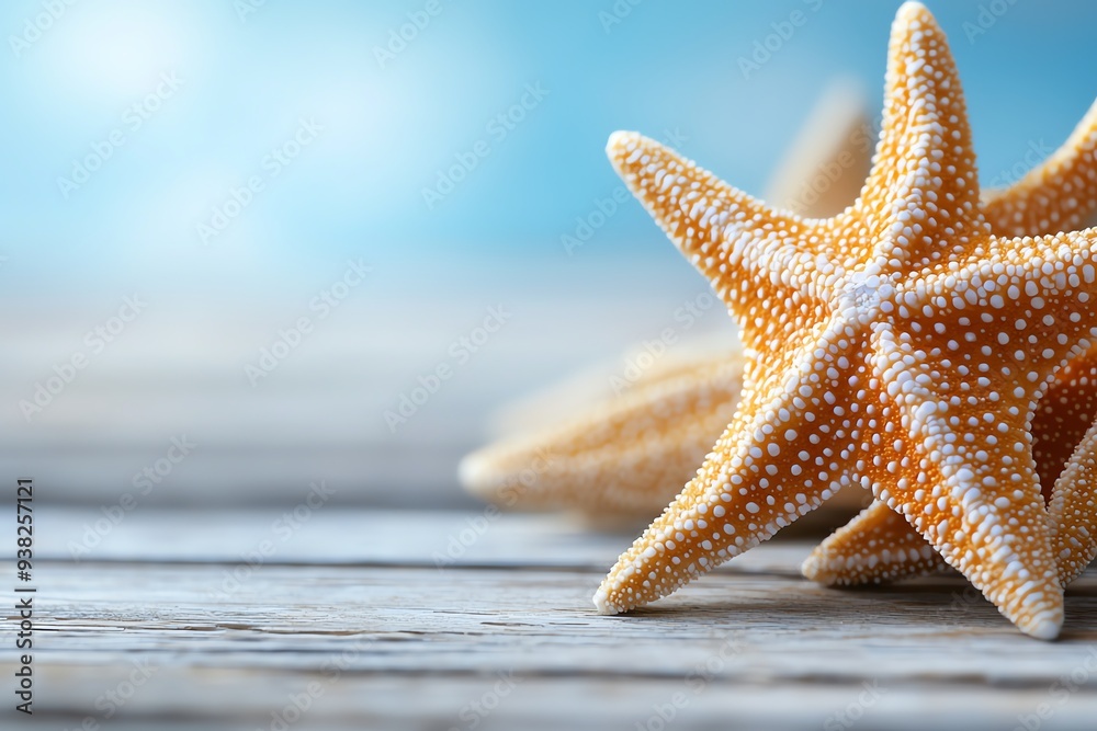 Closeup of starfish on wooden surface with blue background.