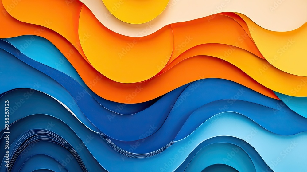 A striking abstract composition with layered paper cuts in blue, orange, and yellow, blending modern and vibrant styles. A striking abstract composition with layered paper cuts in blue, orange, and yellow, blending modern and vibrant styles.