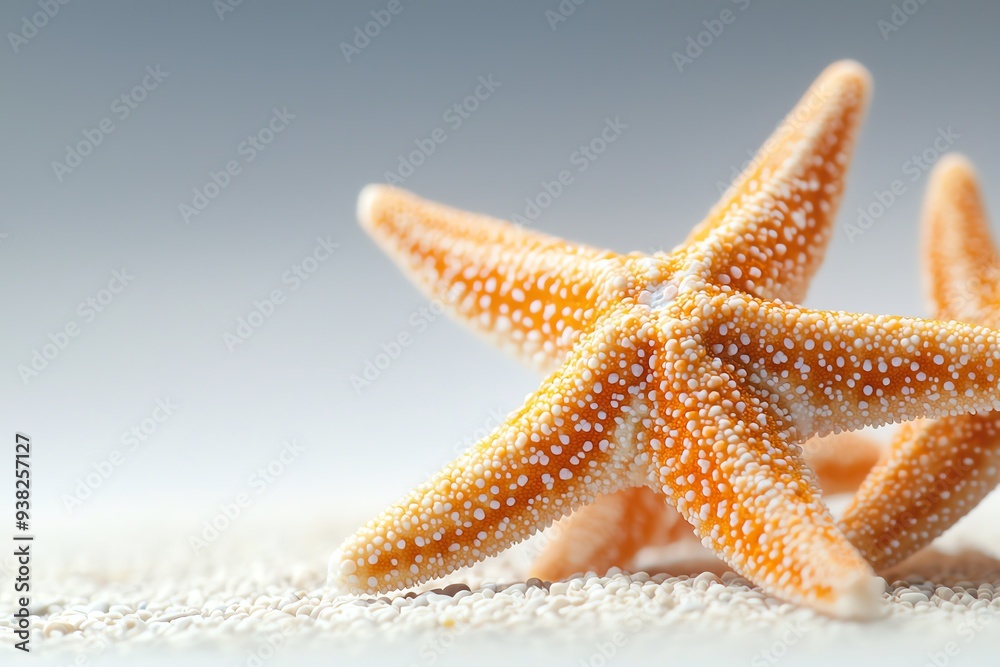 Close-up of a starfish on white sand against clean background. Close-up of a starfish on white sand against clean background.