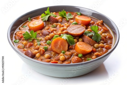 A hearty and flavorful bowl of bean soup, featuring sausage, carrots, peas, and fresh parsley. This comforting dish is perfect for a cold winter day.