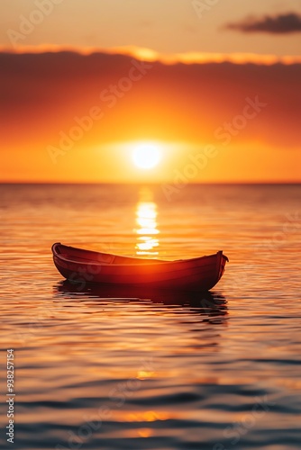 Vibrant image of lone boat floating at sunset over a calm sea, with reflected sun on water.
