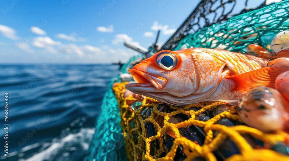 Naklejka premium A fish is on a net in the water