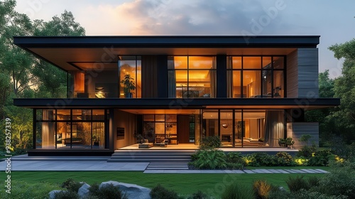 contemporary house facade at twilight sleek lines and large windows illuminated from within inviting entrance with lush landscaping epitome of modern architectural design