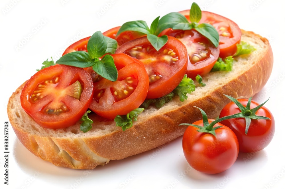 A close-up of a delicious bruschetta topped with fresh tomato slices, basil leaves, and a hint of green lettuce. The vibrant red tomatoes and green basil contrast beautifully against the white backgro