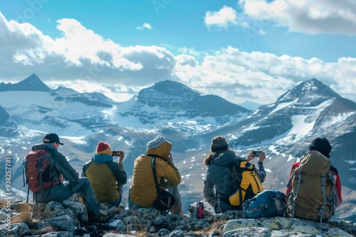 group of people sitting on top of mountain, group of hikers takes break on mountaintop, using their smartphones to capture breathtaking views and check for messages