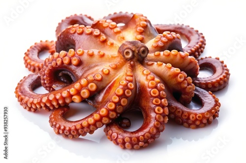 A fresh octopus with its tentacles curled up on a white background. The octopus is cooked and ready to eat. It symbolizes seafood, delicacy, protein, culinary art, and ocean life.