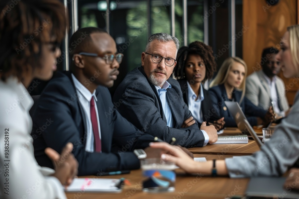 group of people sitting around table in room, group of suited business people in conference room discussing strategy group of people sitting around table in room, group of suited business people in conference room discussing strategy