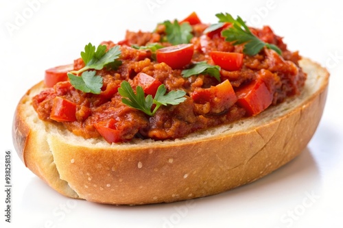 A fresh, crusty roll topped with a vibrant mixture of red peppers, juicy tomatoes, and savory ground meat. The dish is garnished with a sprinkle of fresh parsley, making it both visually appealing and