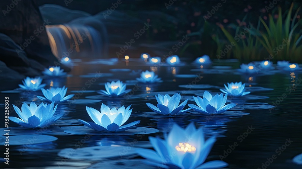 Fototapeta premium A tranquil nighttime view of glowing blue lotus flowers floating on serene water, casting a mystical glow.