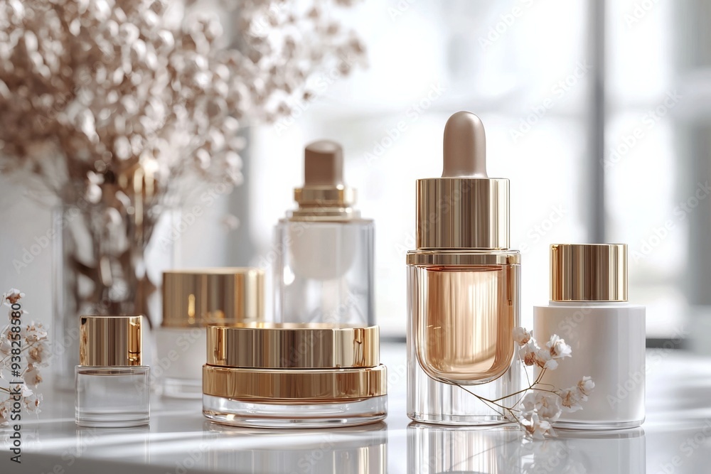 Luxurious cosmetic packaging bottles created with generative AI Luxurious cosmetic packaging bottles created with generative AI