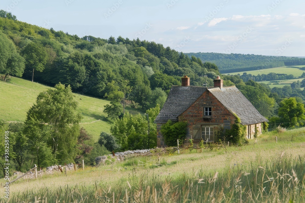 house in field with hills in the background, humble cottage nestled among rolling hills house in field with hills in the background, humble cottage nestled among rolling hills