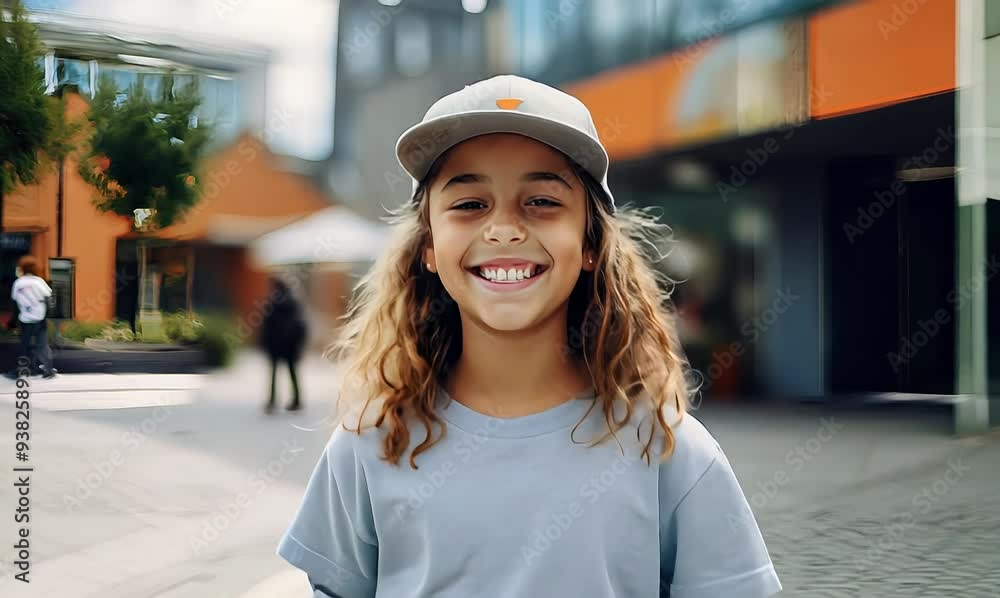 Portrait of a smiling girl in a baseball cap on the street.