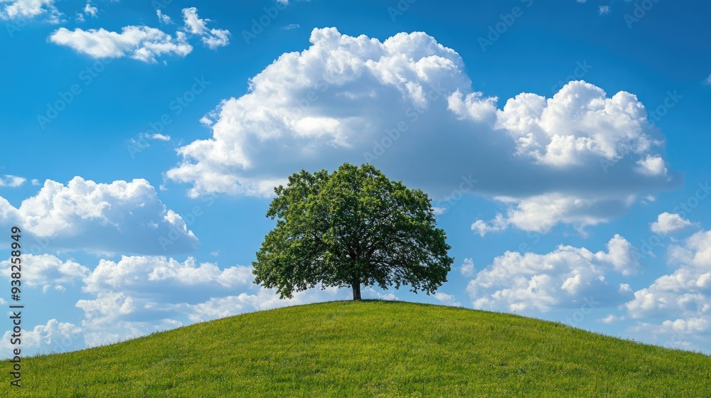 Obraz premium A vibrant green tree crowns a hill, with a bright blue sky and puffy clouds as the perfect backdrop.