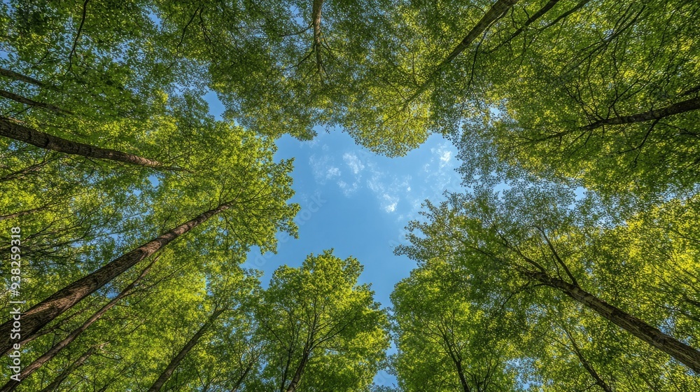 A vibrant view of green foliage reaching toward a clear blue sky, surrounded by slender tree trunks in a lush forest. A vibrant view of green foliage reaching toward a clear blue sky, surrounded by slender tree trunks in a lush forest.