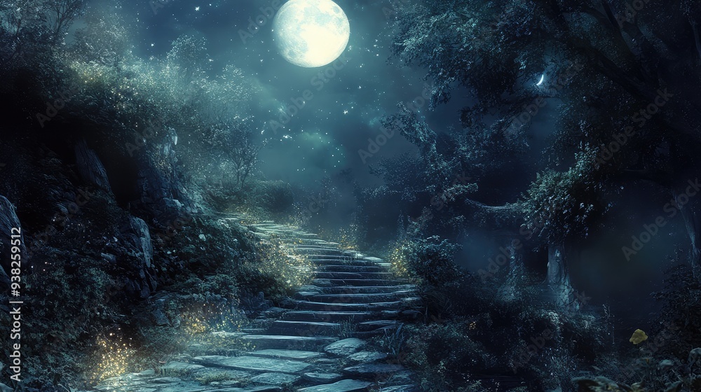 Obraz premium A surreal, moonlit pathway with glowing, ethereal elements and soft, ambient lighting, creating a magical atmosphere.