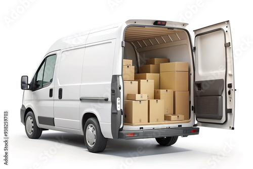 Cargo van with open backdoor and filled cardboard boxes for delivery goods isolated on transparent background. Copy space. 