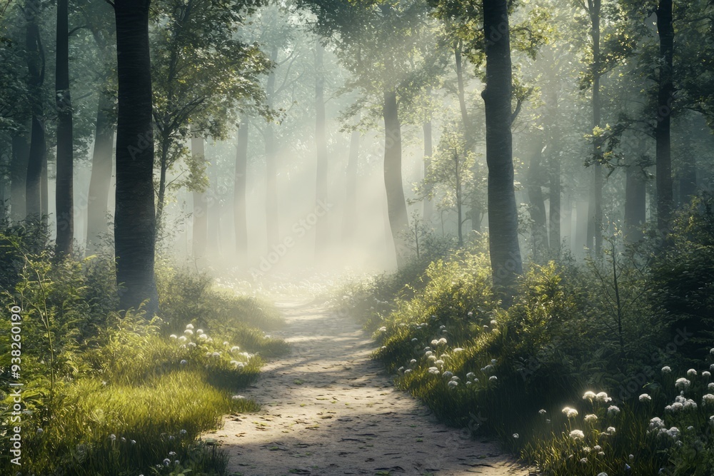 Obraz premium Misty forest path with tall trees and soft sunlight filtering through, serene and enchanting