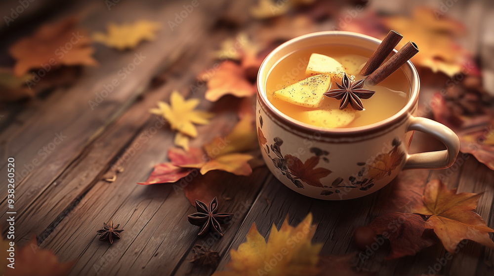 Warm spiced cider with cinnamon and star anise surrounded by autumn leaves on a rustic table Warm spiced cider with cinnamon and star anise surrounded by autumn leaves on a rustic table