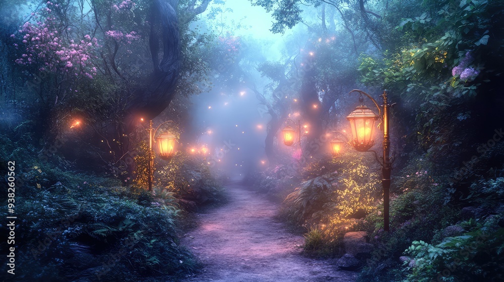 A mystical pathway lined with softly glowing lanterns and lush, otherworldly vegetation, leading into a dreamlike forest. A mystical pathway lined with softly glowing lanterns and lush, otherworldly vegetation, leading into a dreamlike forest.