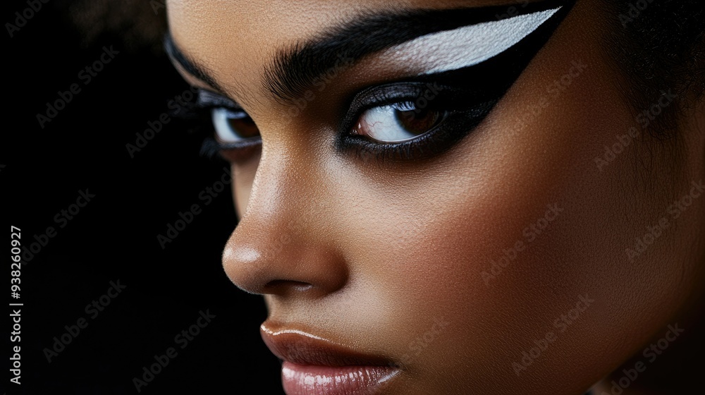 Beauty shot of a model with bold, artistic eyeliner, emphasizing sharp lines and strong visual contrast. Beauty shot of a model with bold, artistic eyeliner, emphasizing sharp lines and strong visual contrast.