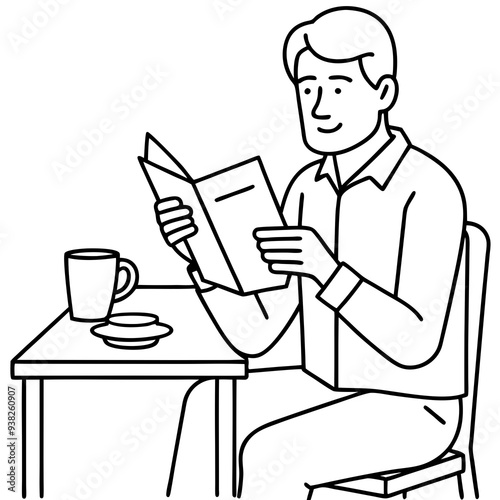 Man Reading Newspaper and Enjoying Coffee at Cafe