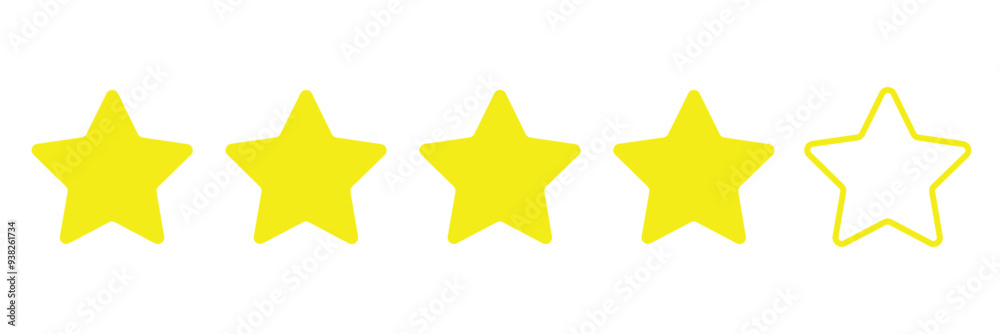 4 out of 5 stars rating icons on white background isolated on white background. Negative customer review or product rating. 4 out of 5 stars rating icons on white background isolated on white background. Negative customer review or product rating.