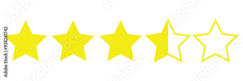 Product rating or customer review with gold stars and half star, 3.5rating stars on white background.
