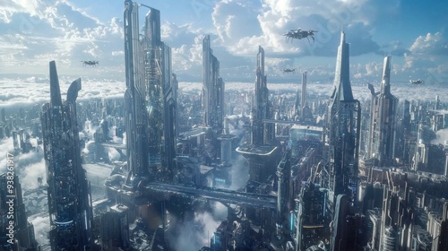 A sprawling futuristic city with towering glass and metal skyscrapers, sleek organic designs, and floating platforms connecting buildings. The sky is bustling with drones and flying cars.