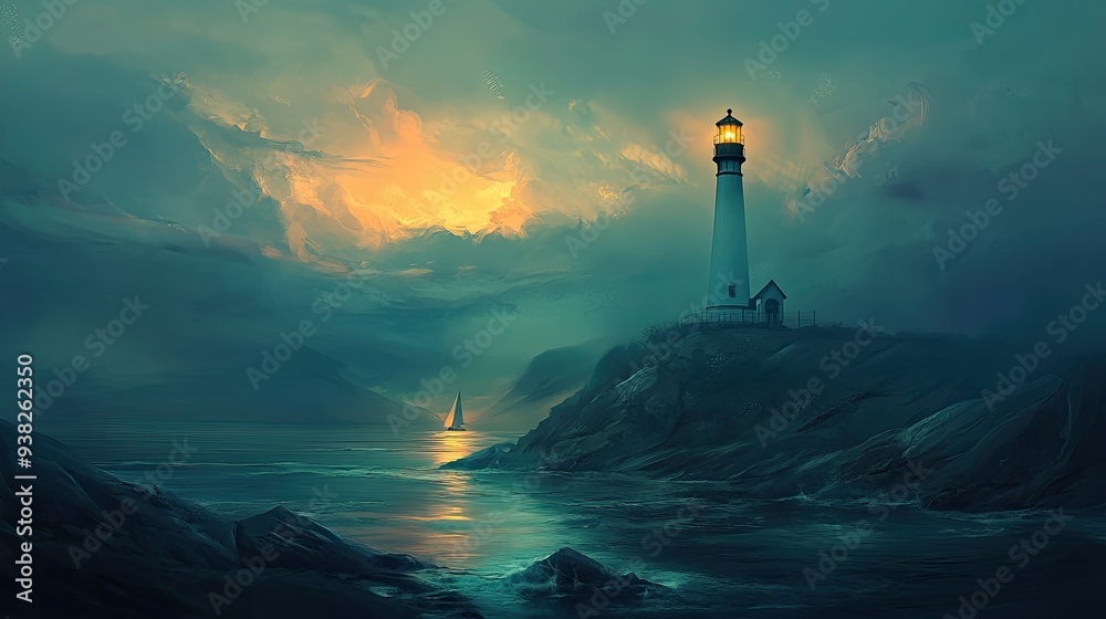 Fototapeta premium Coastal lighthouse guiding ships, its light a beacon of safety in the twilight.